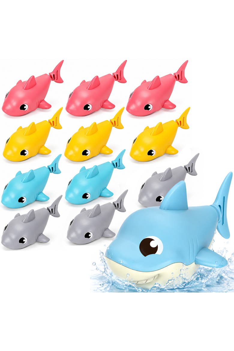 12pc Floating Shark Bath Toys for Toddlers Colorful Wind Up Swimming Sharks Interactive and Battery Free Water Play, Main, color, Multicolor