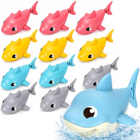 12pc Floating Shark Bath Toys for Toddlers Colorful Wind Up Swimming Sharks Interactive and Battery Free Water Play
