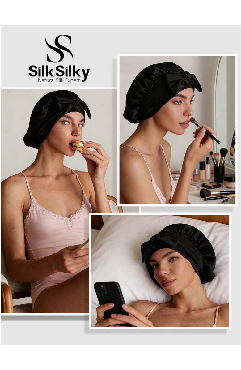 SILKSILKY Pure Silk Bowknot Tie Bonnet, Alternate, color, Black