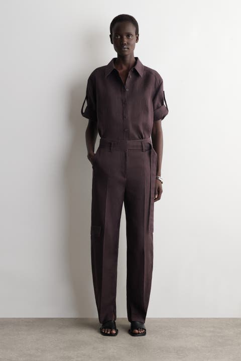 Belted Linen Barrel-Leg Pants