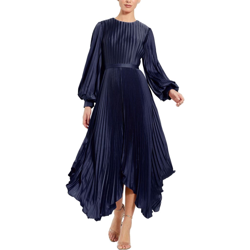 Mac Duggal Long Sleeve Pleated Handkerchief Dress In Blue