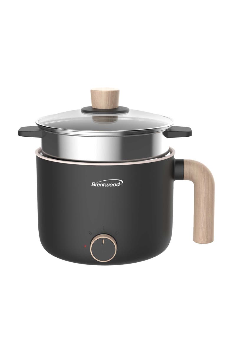 Brentwood Multi-Function Electric Hot Pot Cooker with Ceramic Non-Stick Ceramic Coating and Stainless-Steel Food Steamer, Main, color, Black