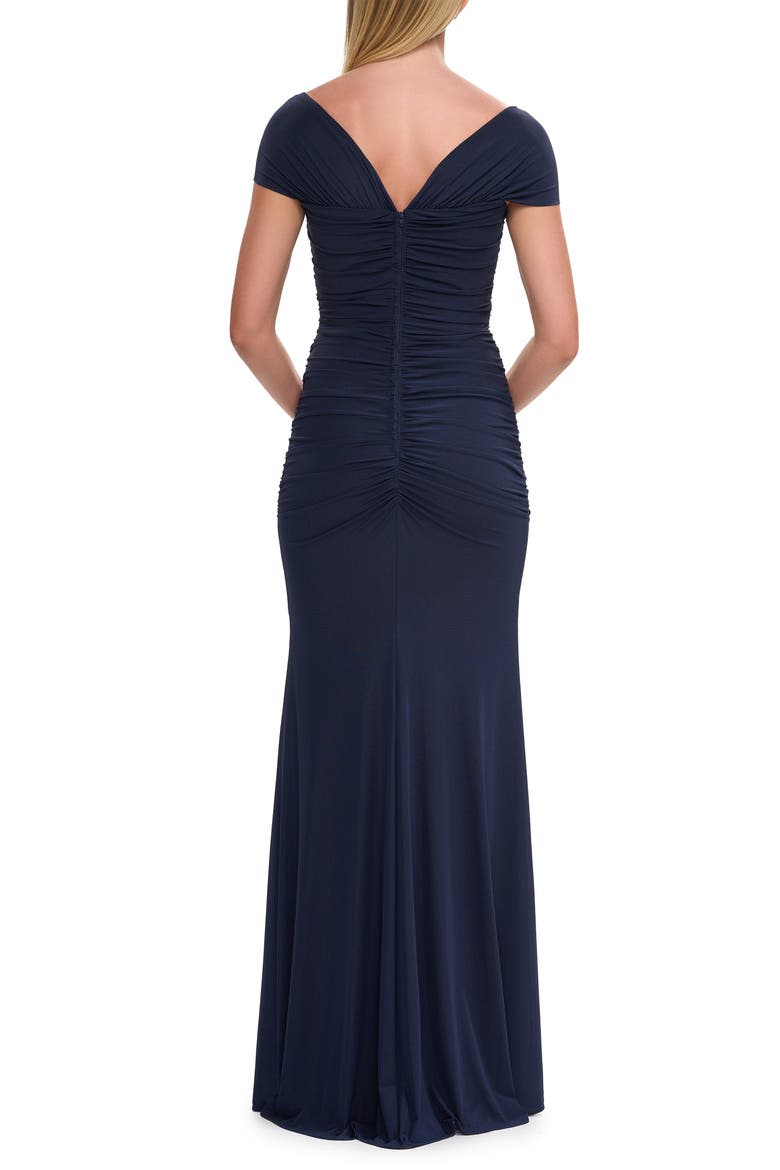 Simple Ruched Cap Sleeve Net Jersey Gown, Alternate, color, Navy