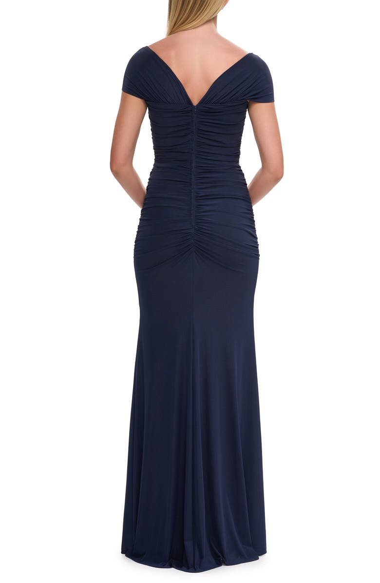 La Femme Simple Ruched Cap Sleeve Net Jersey Gown, Alternate, color, Navy