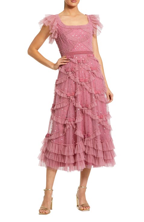 Sequin Ruffle Net Dress with Velvet Bow & Flutter Sleeves