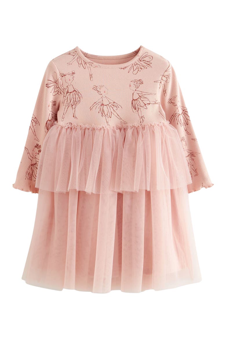 Kids' Ballet Print Long Sleeve Tulle Dress, Main, color, PINK