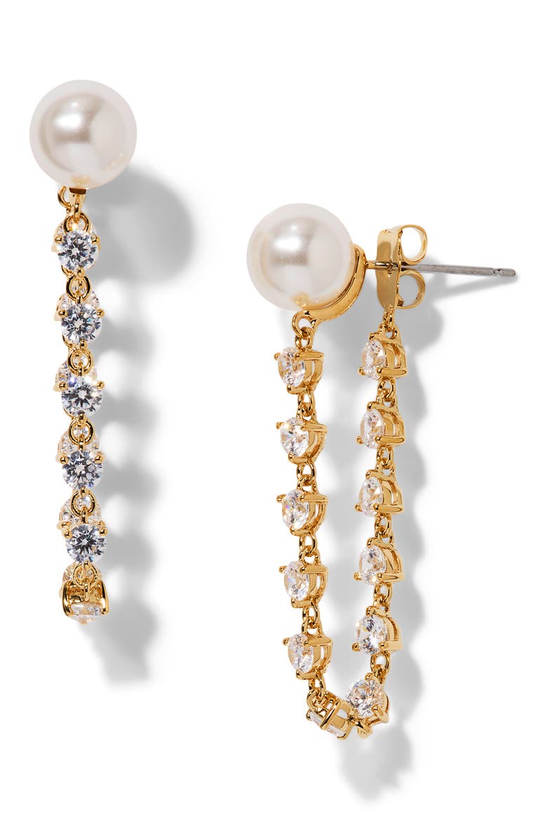 Faux Pearl Front Back Earrings, Main, color, GOLD