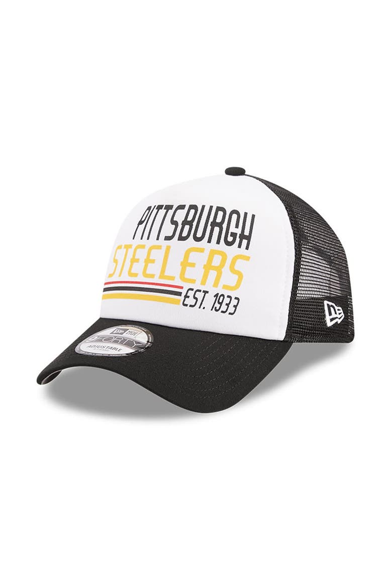 Men's New Era White/Black Pittsburgh Steelers Stacked A-Frame Trucker 9FORTY Adjustable Hat, Main, color, White