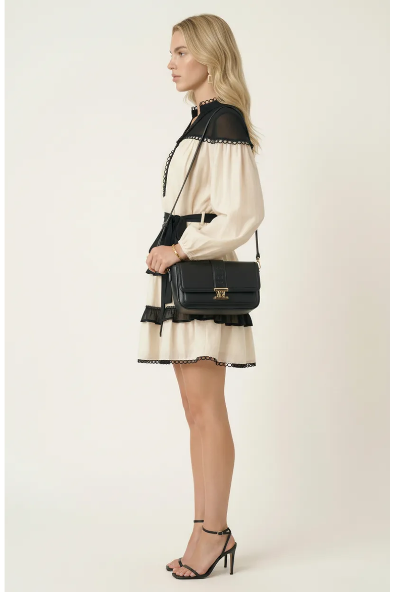 Contrast Trim Mini Dress with Waist Tie and Tiered Skirt, Alternate, color, White / Brown