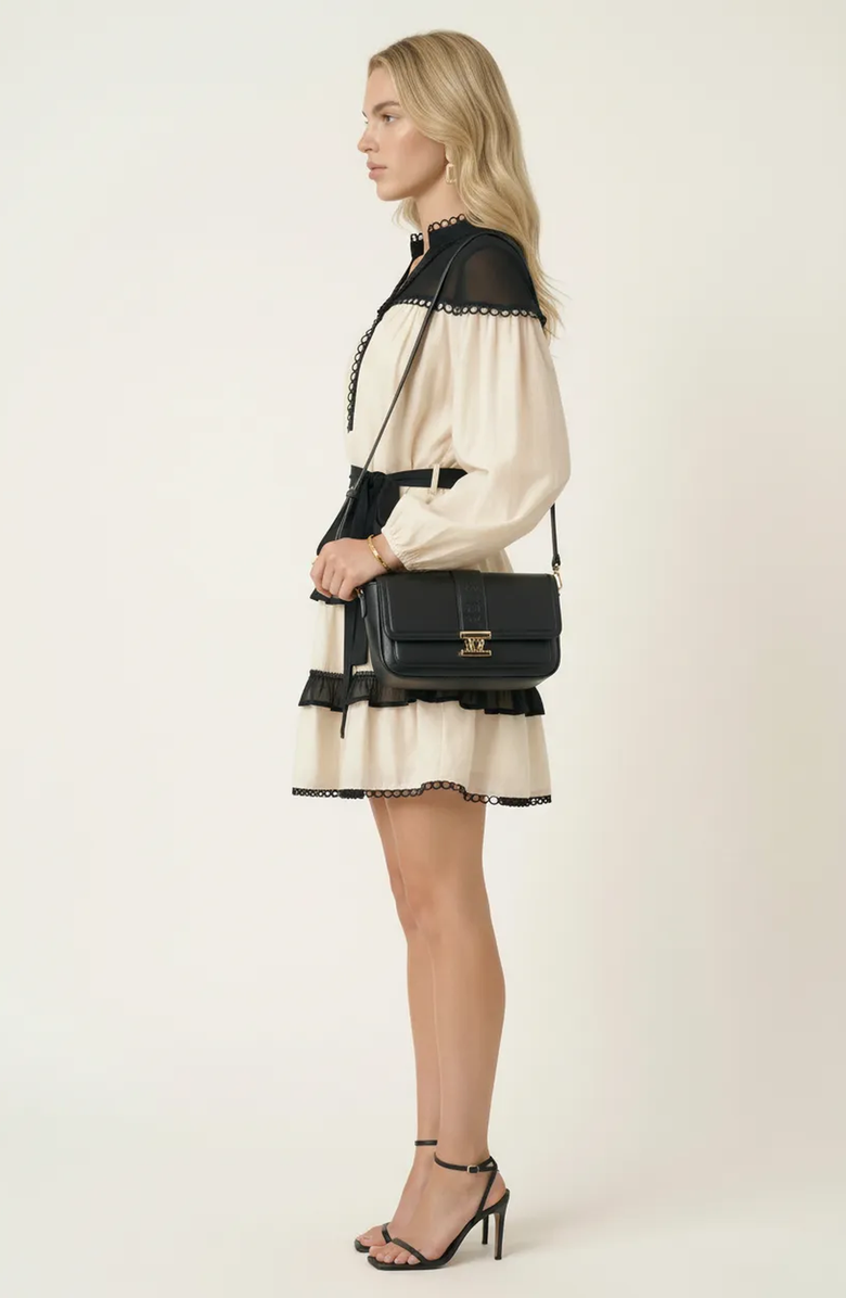 Modenaire Contrast Trim Mini Dress with Waist Tie and Tiered Skirt, Alternate, color, White / Brown