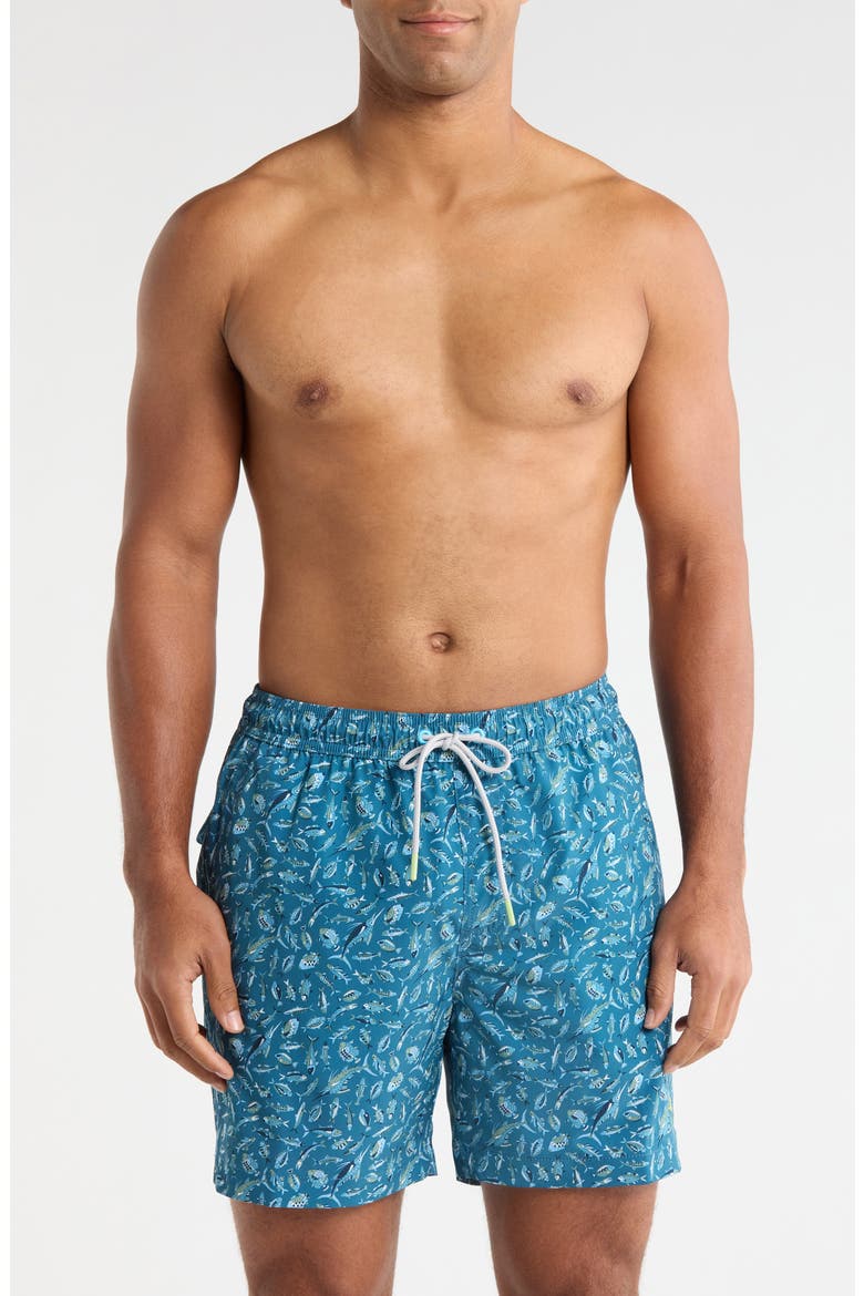 Naples Night Schooled Fish Print Swim Trunks, Main, color, KING FISH
