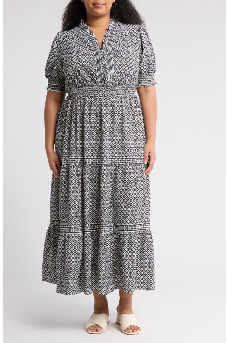 Short Sleeve Tiered Maxi Dress, Main, color, BLACK/ CREAM CHAINMAIL GEO