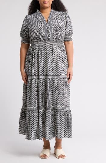 Max Studio Short Sleeve Tiered Maxi Dress In Gray