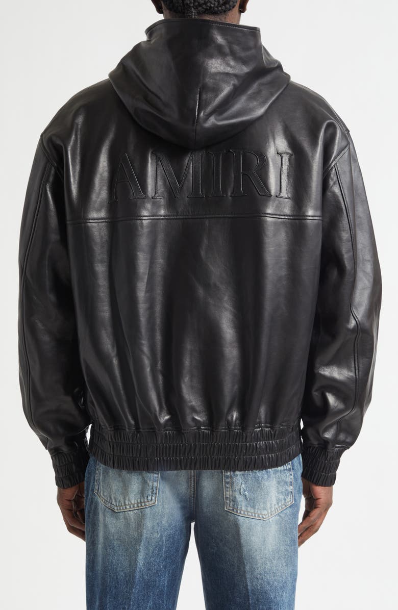 AMIRI Oversize Hooded Lambskin Leather Zip Jacket, Alternate, color, Black