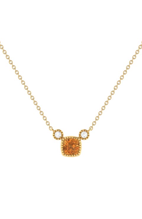 Cushion Cut Citrine & Diamond Pendant Necklace