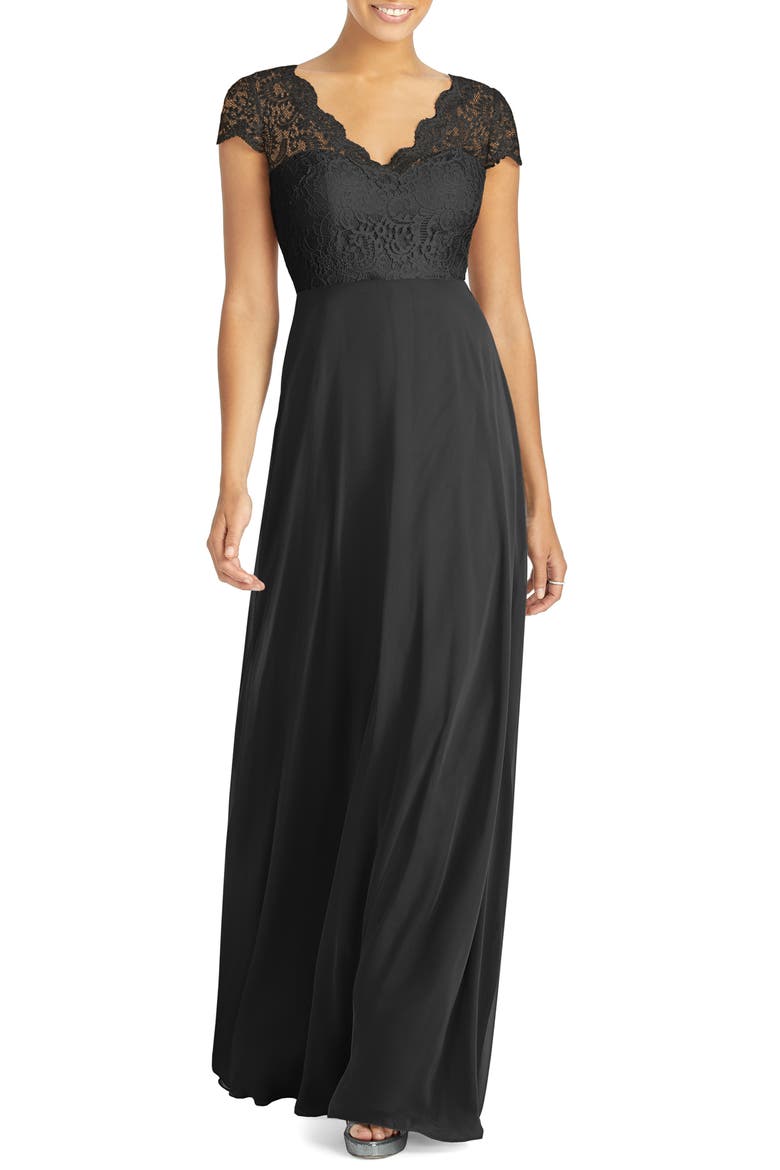 Lace & Chiffon Cap Sleeve Gown, Main, color, BLACK