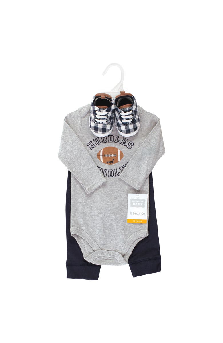 Hudson Baby Three-Piece Long-Sleeve Bodysuit Outfit with Pants and Footwear, Alternate, color, Football Huddles Long Sleeve