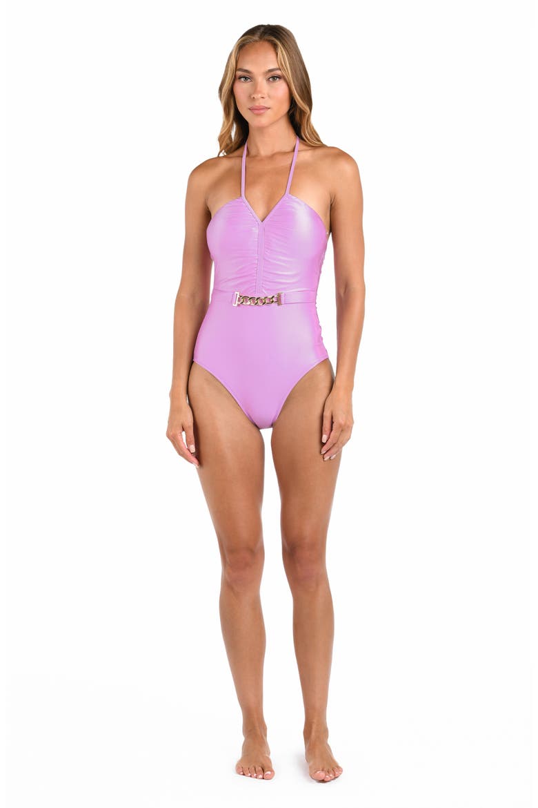 Leila Belted Halter One-Piece Swimsuit, Alternate, color, LIGHT VIOLET