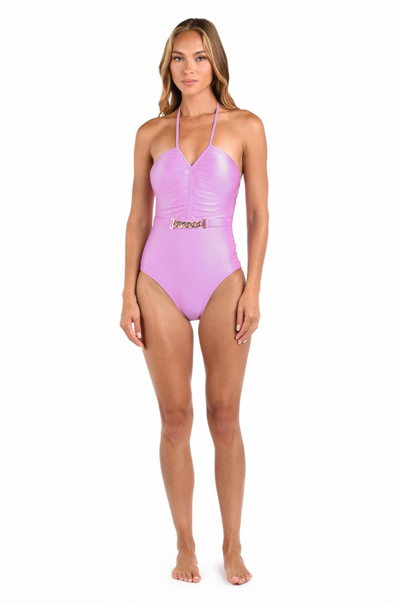 L'AGENCE Leila Belted Halter One-Piece Swimsuit, Alternate, color, Light Violet