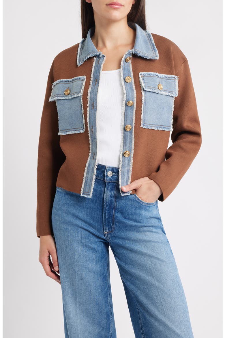 Knit & Denim Trucker Jacket, Main, color, BROWN/ DENIM
