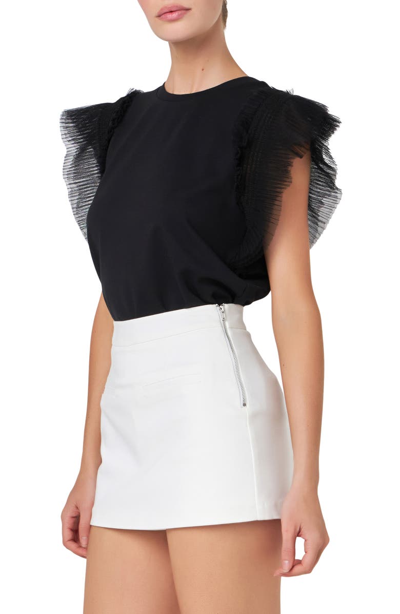 English Factory Mix Media Flutter Sleeve Knit Top, Alternate, color, Black