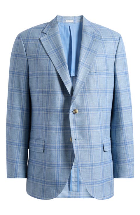 Hyperlight Soft Light Blue Plaid Wool & Silk Blend Sport Coat (Regular & Big)