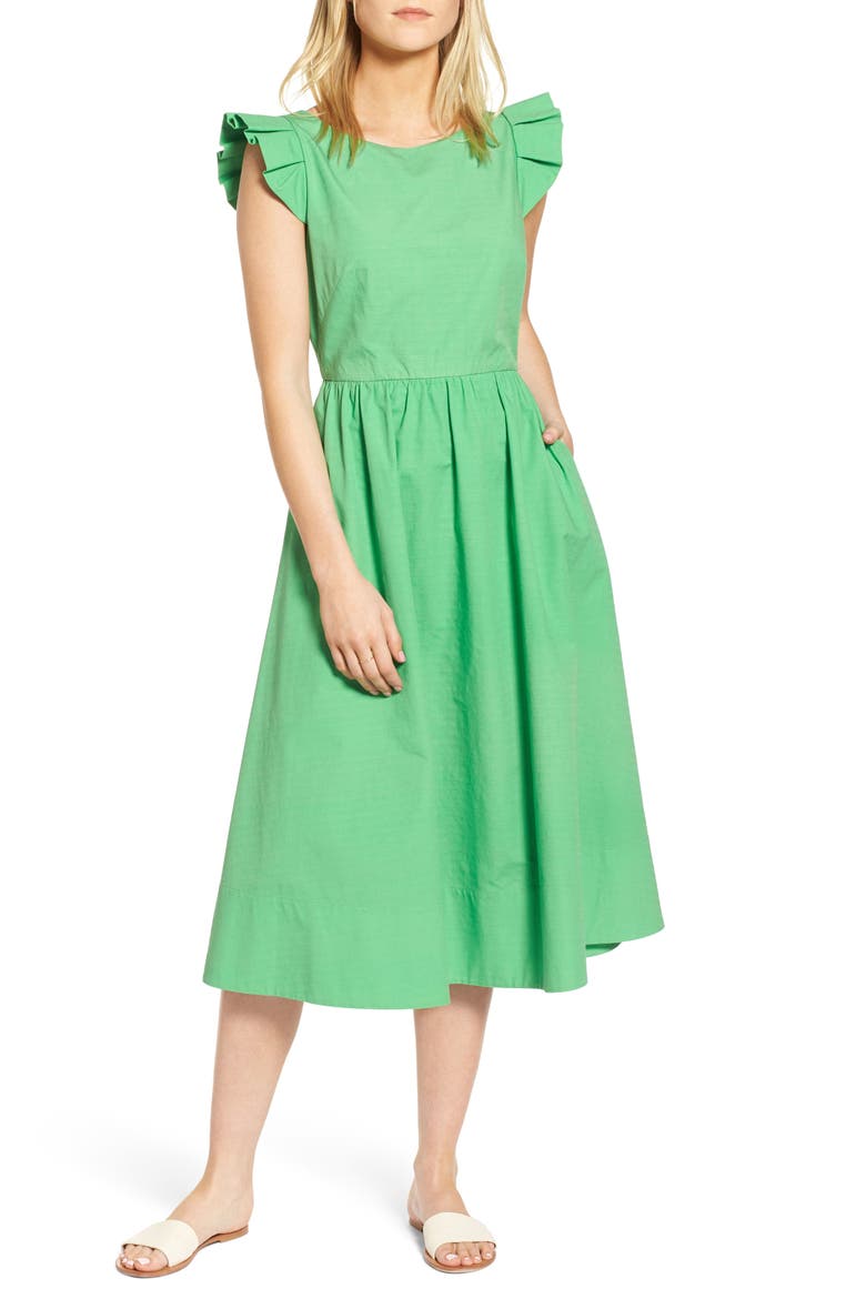Ruffle Fit & Flare Midi Dress, Main, color, GREEN KELLY