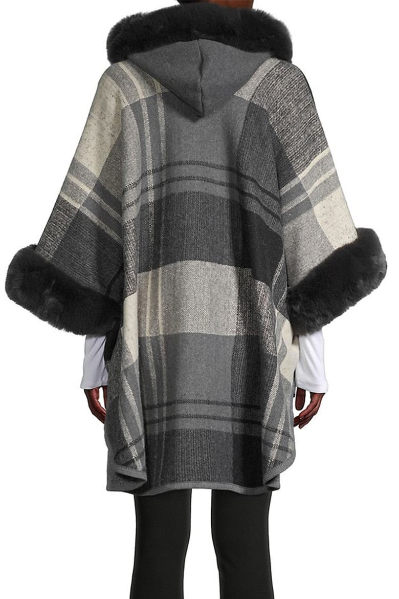 Blair Plaid Faux Fur Trim Topper, Alternate, color, BLACK