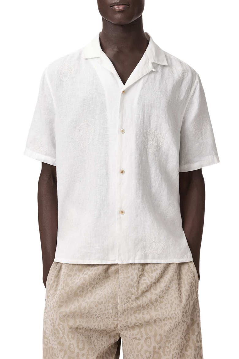 Sepal Embroidered Linen Camp Shirt, Main, color, WHITE