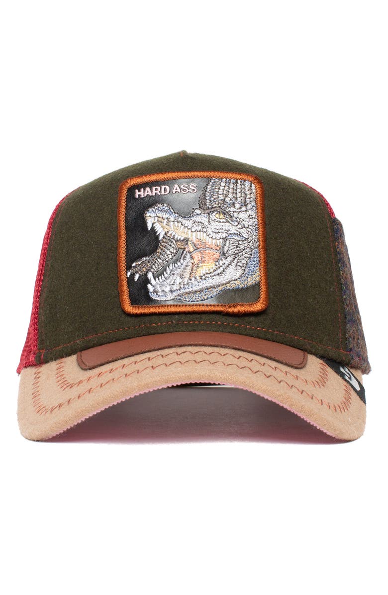 Goorin Bros. Trunchbull Crocodile Patch Flannel Trucker Hat, Alternate, color, Olive