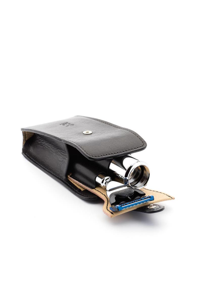 Travel Florentine Black Leather Silvertip Fiber & Fusion Shaving Kit, Main, color, Black