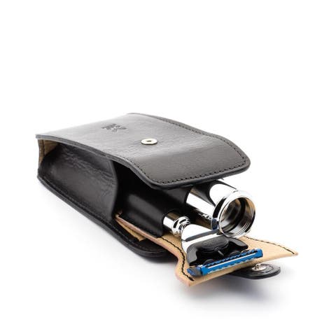 Travel Florentine Black Leather Silvertip Fiber & Fusion Shaving Kit
