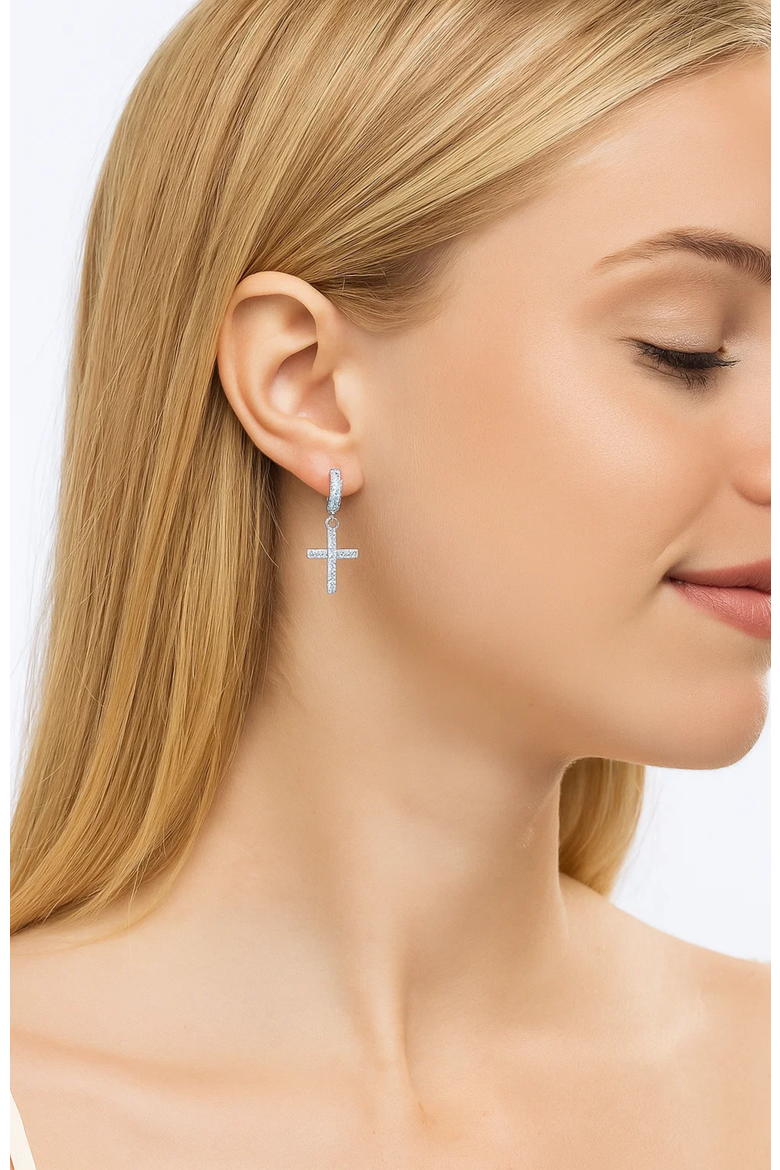 Cross Dangle Earrings with White Diamond Cubic Zirconia, Alternate, color, Gold
