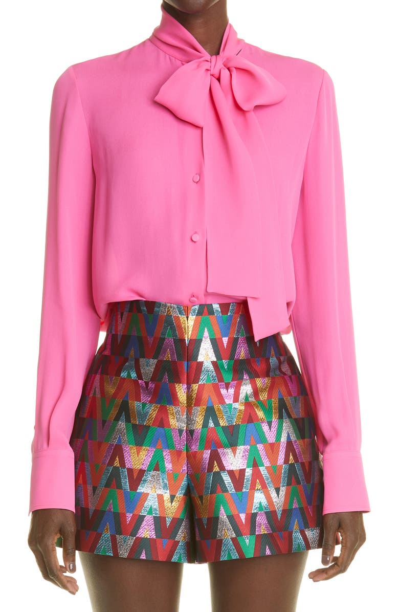 Valentino Tie Neck Silk Georgette Blouse, Main, color, 