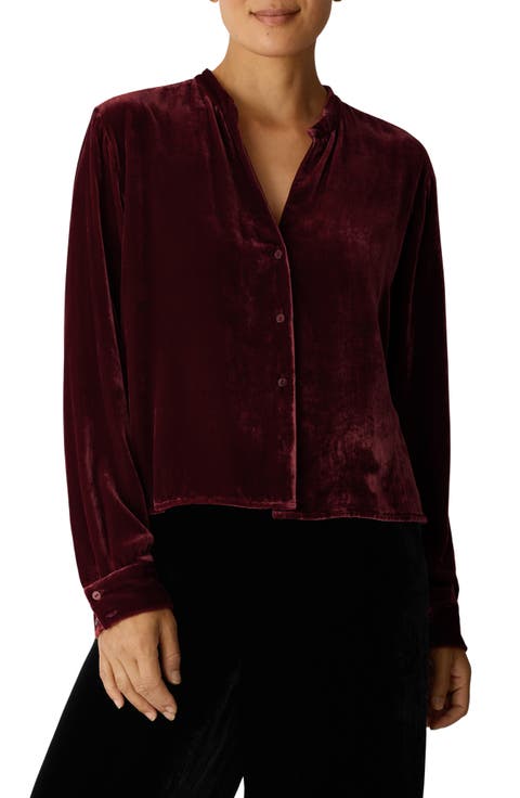 Mandarin Collar Velvet Button-Up Shirt