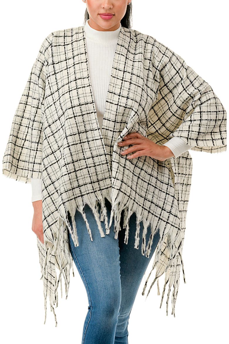 Windowpane Tweed Fringed Ruana, Main, color, IVORY