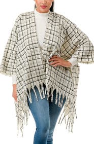 MARCUS ADLER Windowpane Tweed Fringed Ruana