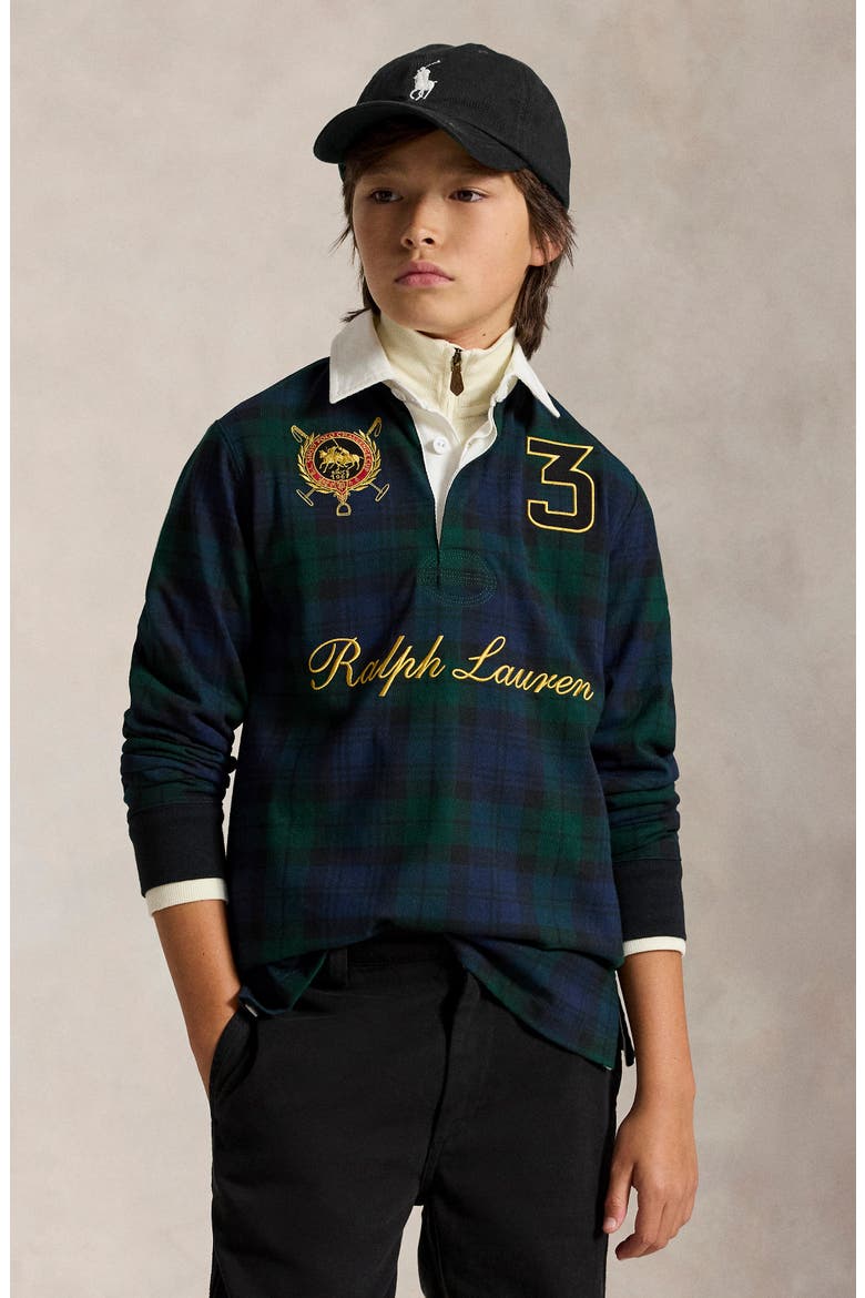 Kids' Plaid Long Sleeve Cotton Jersey Rugby Polo, Alternate, color, BLACKWATCH TARTAN