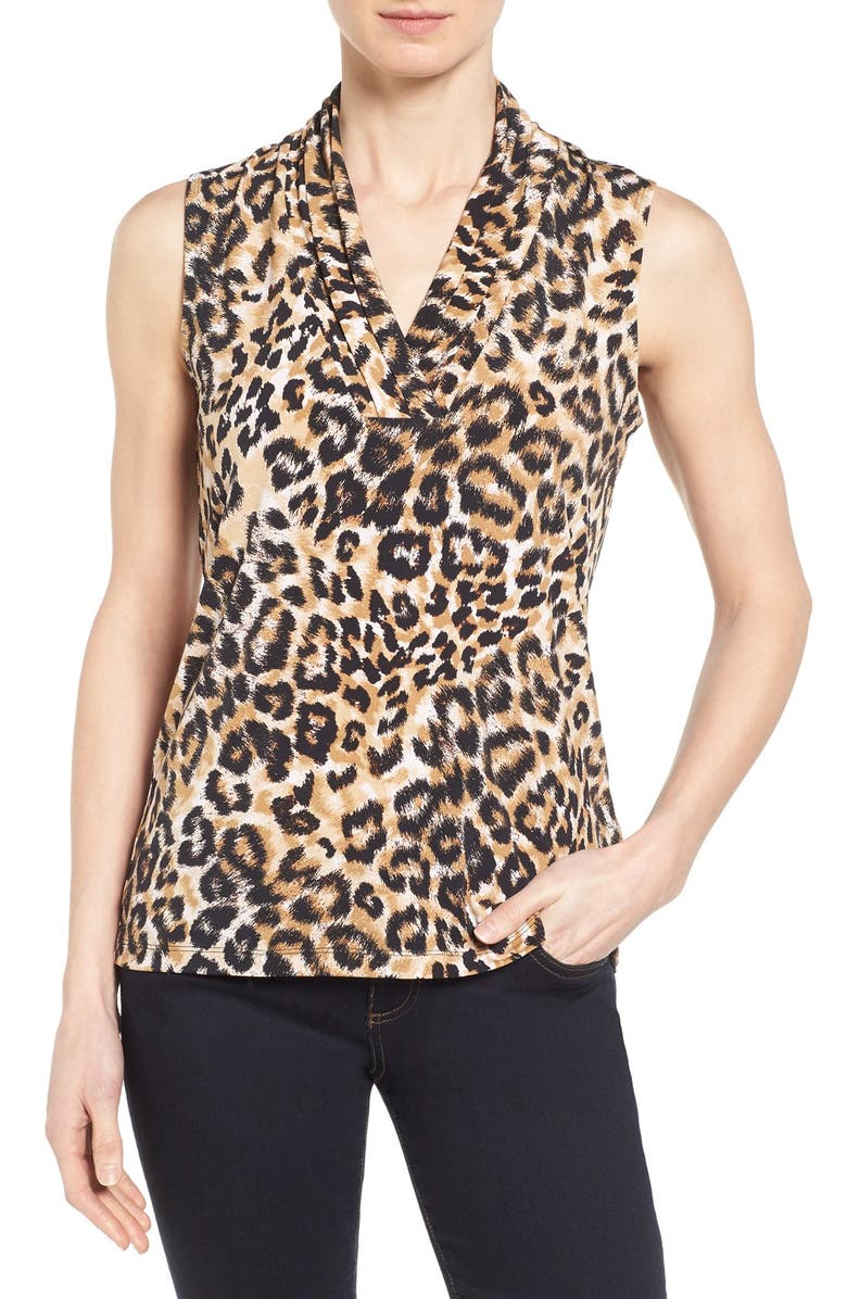 ZDNU ANNE KLEIN NEW YORK Anne Klein Leopard Print Pleat V-Neck Top, Main, color,