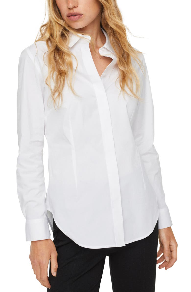 MANGO Essential Cotton Blend Button-Up Shirt, Main, color, 