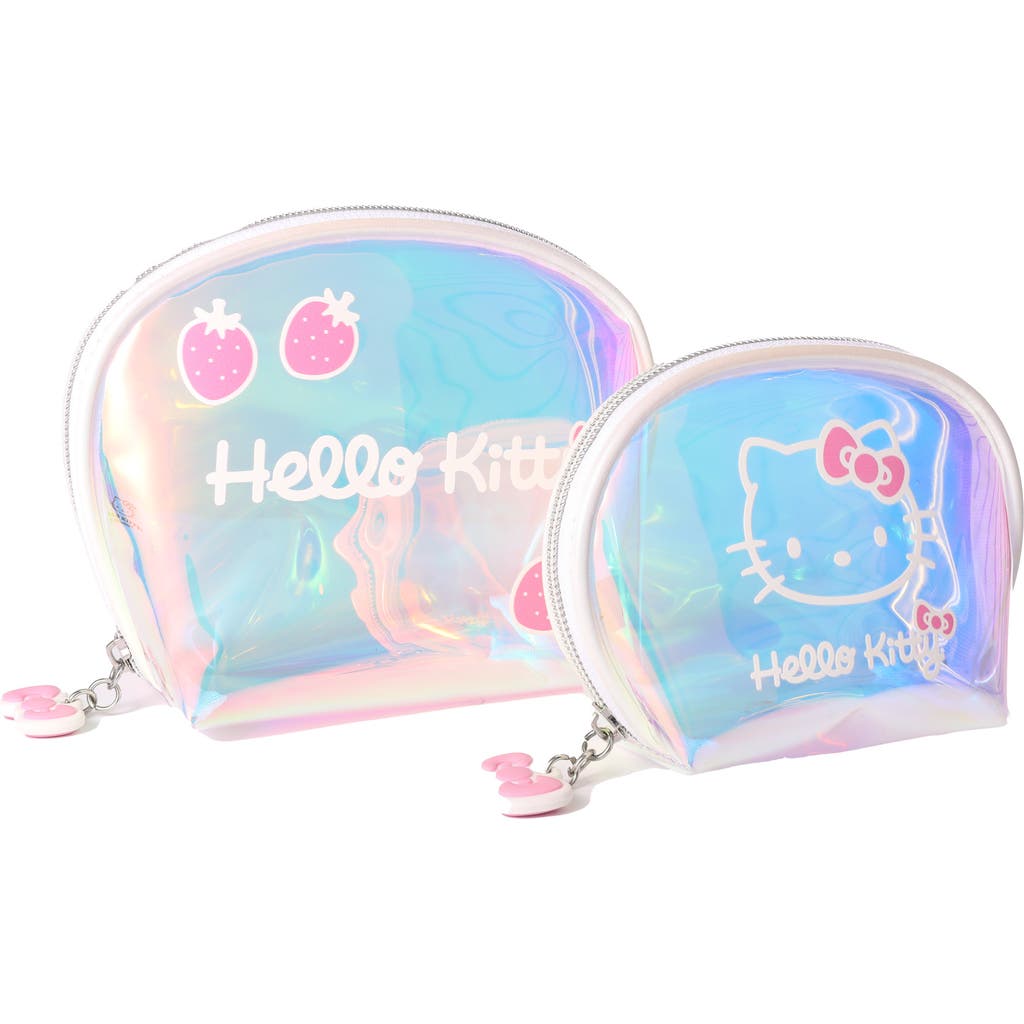 Hello Kitty Clear Iridescent Large And Small Dome Cosmetic Travel Bag Set In Brown