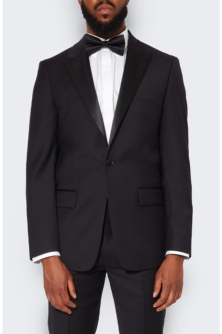 Peak Lapel Solid Wool Tuxedo Jacket, Main, color, BLACK