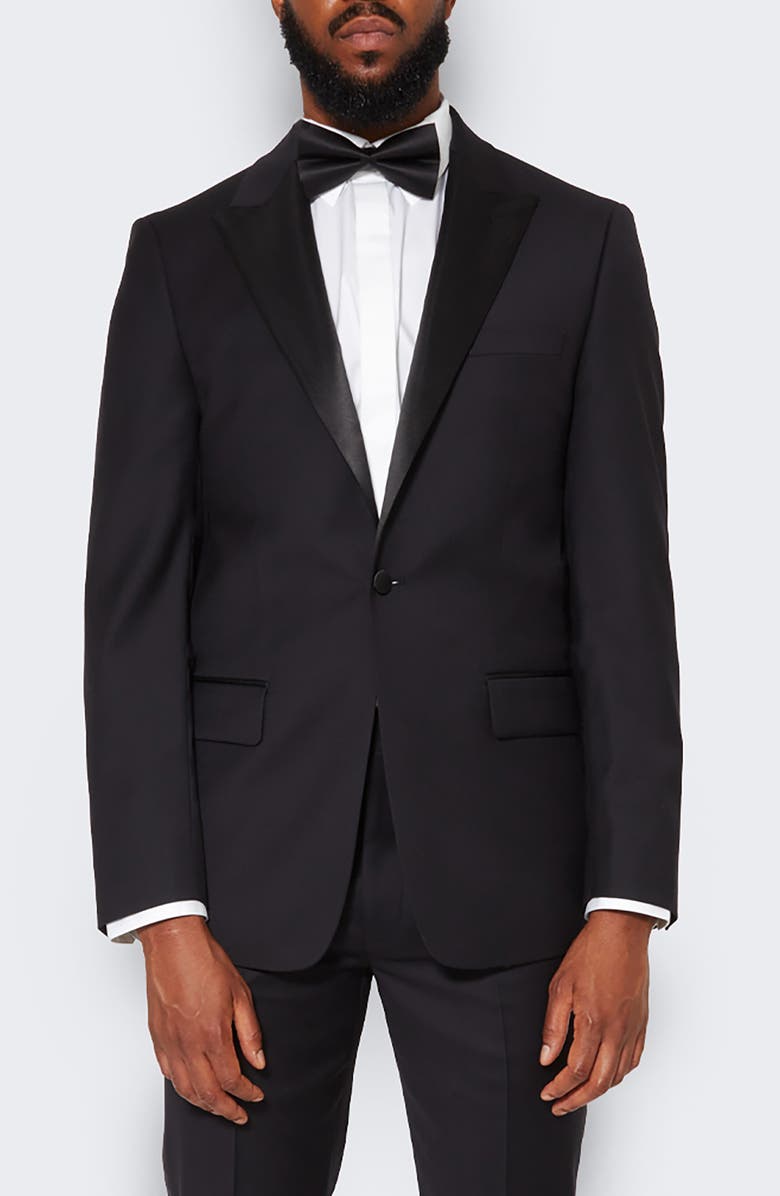 9tofive Peak Lapel Solid Wool Tuxedo Jacket, Main, color, Black