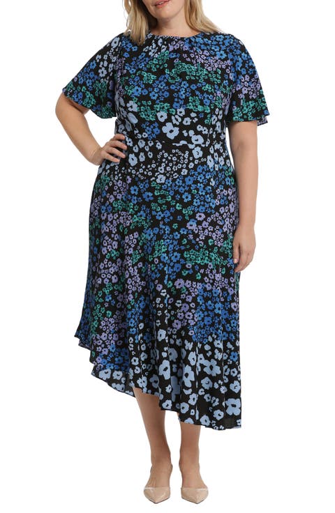 Print Flutter Sleeve Asymmetric Midi Dress (Plus)