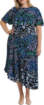Maggy London Print Flutter Sleeve Asymmetric Midi Dress