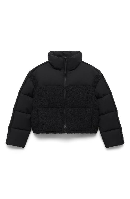Shop Mango Mixed Media Faux Shearling Detail Puffer Coat In Black