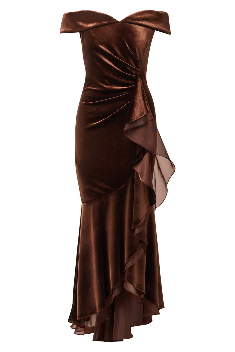 Ruffle Off the Shoulder Velvet Gown, Alternate, color, DARK BROWN