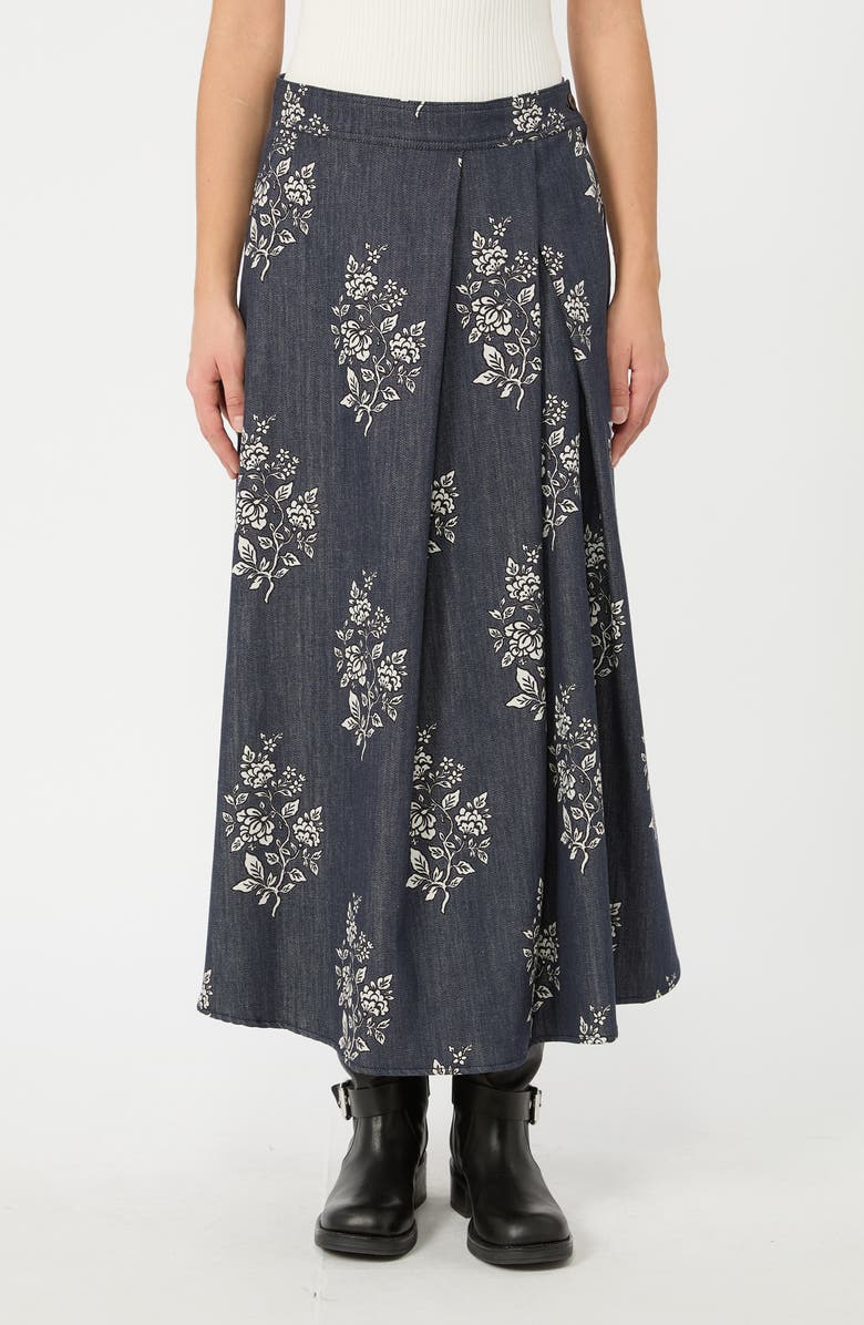 Weekend Max Mara Struzzo Floral Denim Midi Skirt, Main, color, Navy