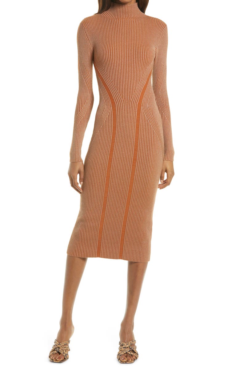 French Connection Simona Long Sleeve Rib Sweater Dress, Main, color, Glazed Ginger/ Camel