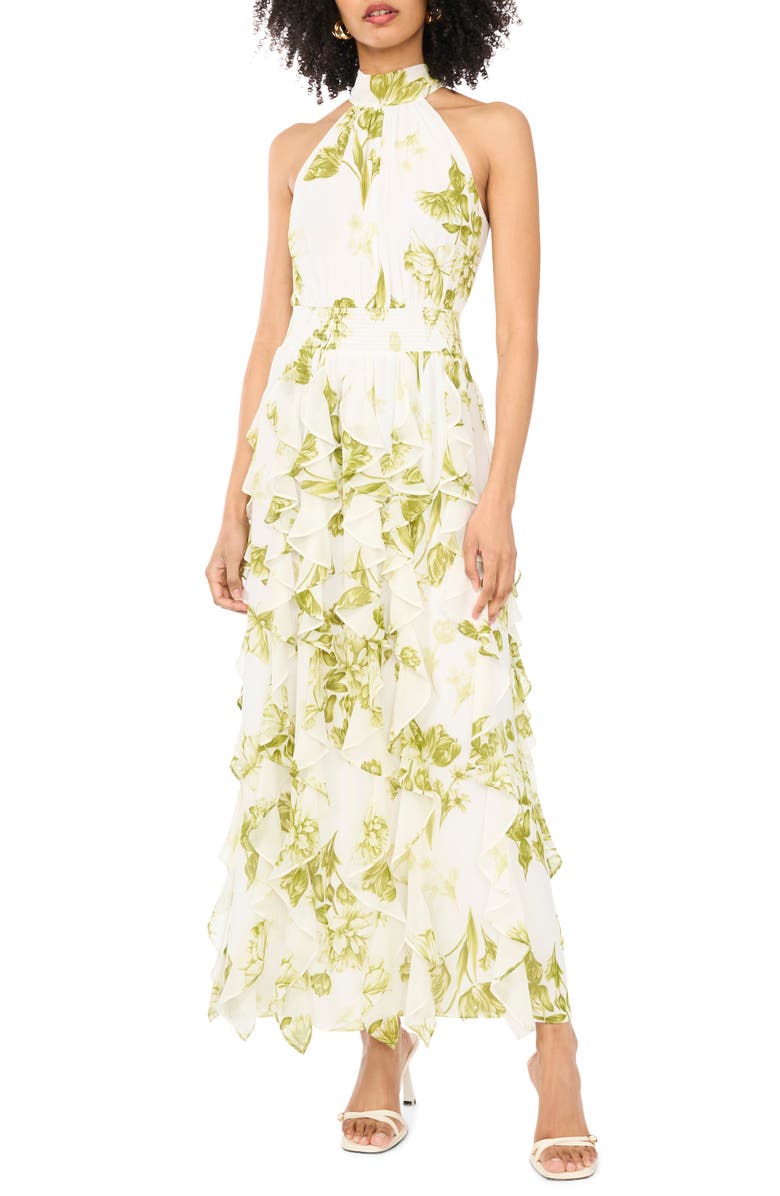 1.STATE Floral Ruffle Maxi Dress, Main, color, Grasshopper Green